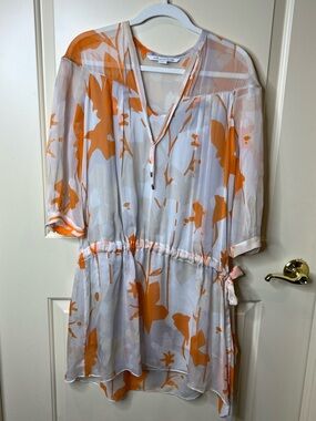 Diane Von Furstenberg White & Orange Floral Sheer Tie-Waist Mini Dress